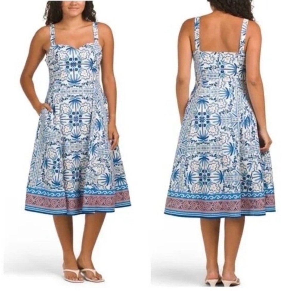 Avec Les Filles Blue Tile Print Sweetheart Midi Dress Size 10 | Coastal Resort